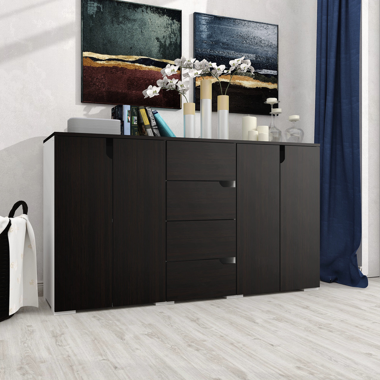 Сучасний великий довгий комод 150 см комбінований з дверцятами і шухлядами без ручок у вітальню зал Trend