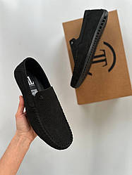 Мокасини чоловічі замшеві чорні перфорація