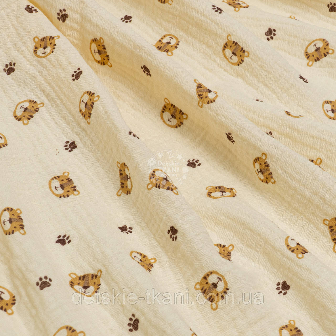 Двошаровий жатий муслін "Маленькі тигренята на ванільному тлі", ширина 135 см, фото 1