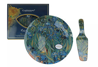 Скляна тарілка для торта з лопаткою Ван Гог Іриси Carmani d-30 см(198-1226)