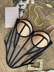 Жіночий корсет-бюстьє чорно-бежевий на сіточці