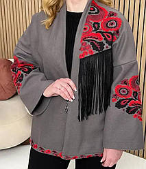 Жіночий вишитий піджак накидка з кашемірової тканини з вишивкою та бахрамою розміри S,M,L.