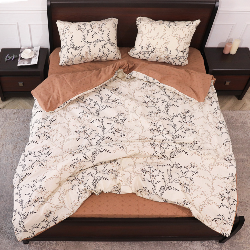 Світла постільна білизна з малюнками гілочок квітів двоспальна 180*220 бавовняна комбінована з бязі Gold, Черешенька