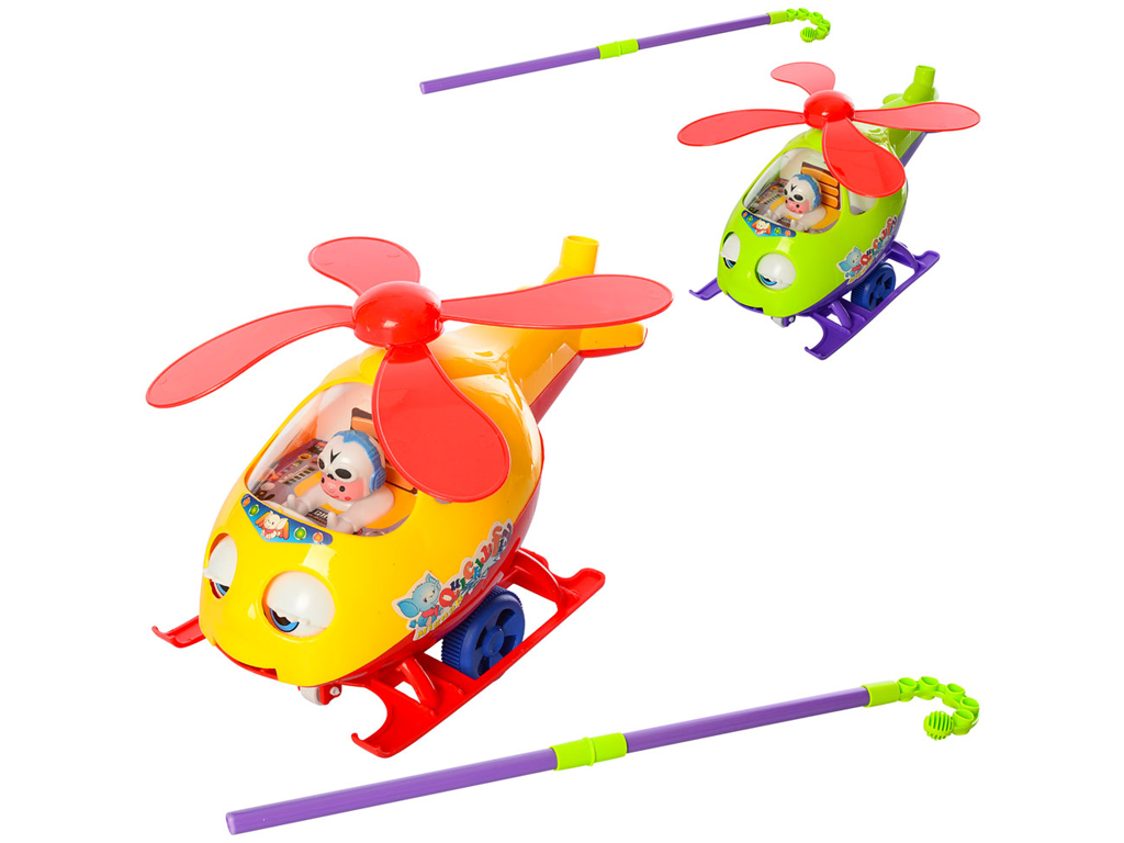 Каталка 0302 гелікоптер, на палиці, оберт.гвинт, рухомі очі/язик, 2 кольори, муз., кул., 31-22-12см., фото 1