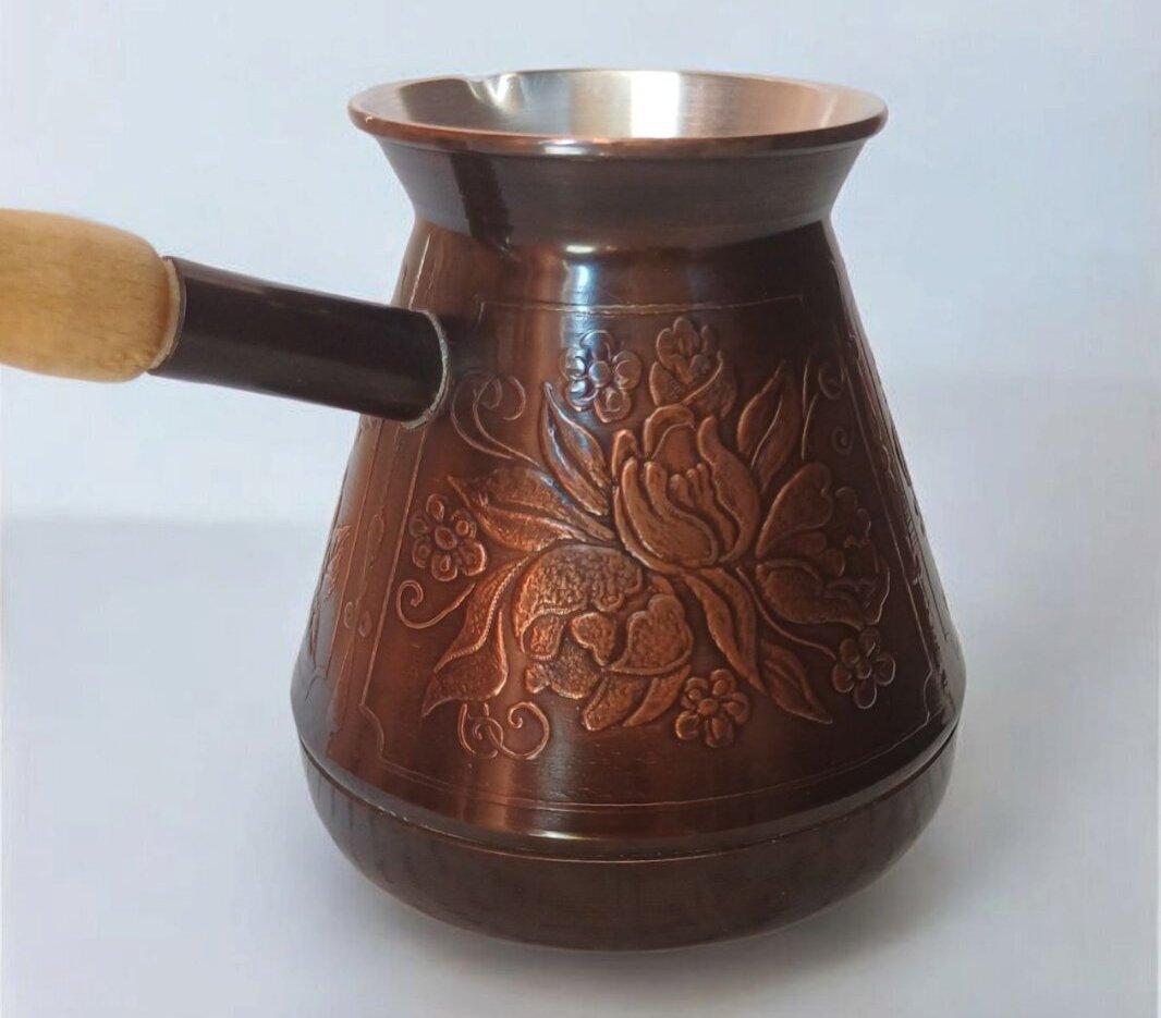 Джезва для кави по-турецьки "Троянда" 400 мл з ручкою з дуба, ручна робота, фото 1