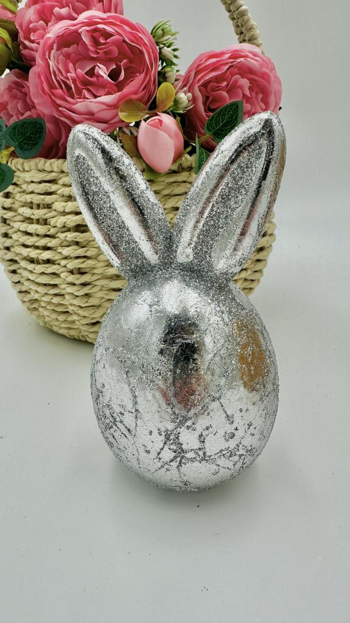 Великодній декор Кролик 7 х 13 см в блискітках Колір - срібло, фото 1