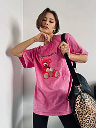 Футболка подовжена оверсайз тай дай зі 100% бавовни Туреччина ефект варенки з ведмедиком