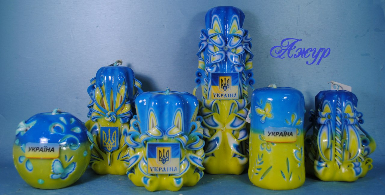 Набір різьблених свічок ручної роботи. жовто- блакитний., фото 1