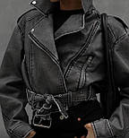 Куртка косуха з екошкіри потерта сіра з поясом, фото 8