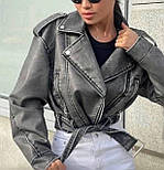 Куртка косуха з екошкіри потерта сіра з поясом, фото 9