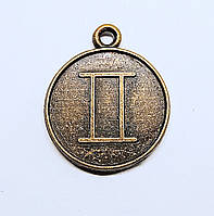 Підвіски металеві Finding Кулон круглий знак зодіаку двосторонній Близнюки Антична бронза 21.5 мм x 18 мм