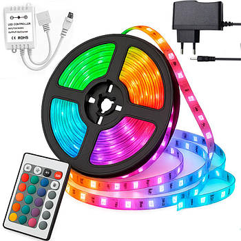 Світлодіодна LED стрічка 5м, 3528 + пульт та блок живлення, від мережі / Самоклеюча стрічка / Підсвітка для кімнати