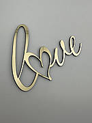 Топпер Love з серцем - дзеркальний золото, акриловий напис на торт збоку