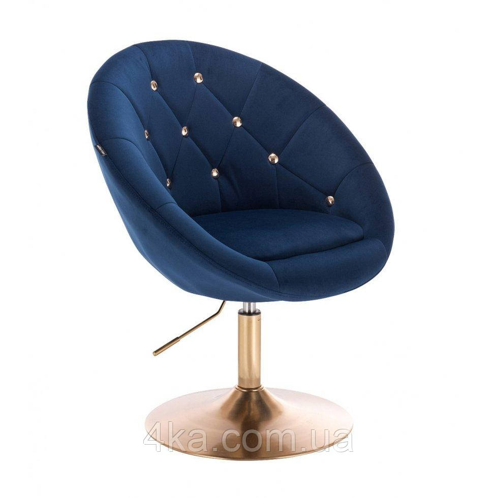 Перукарське крісло на пневматиці Hrove Form HR8516N Синій велюр із золотими гудзиками основа золото