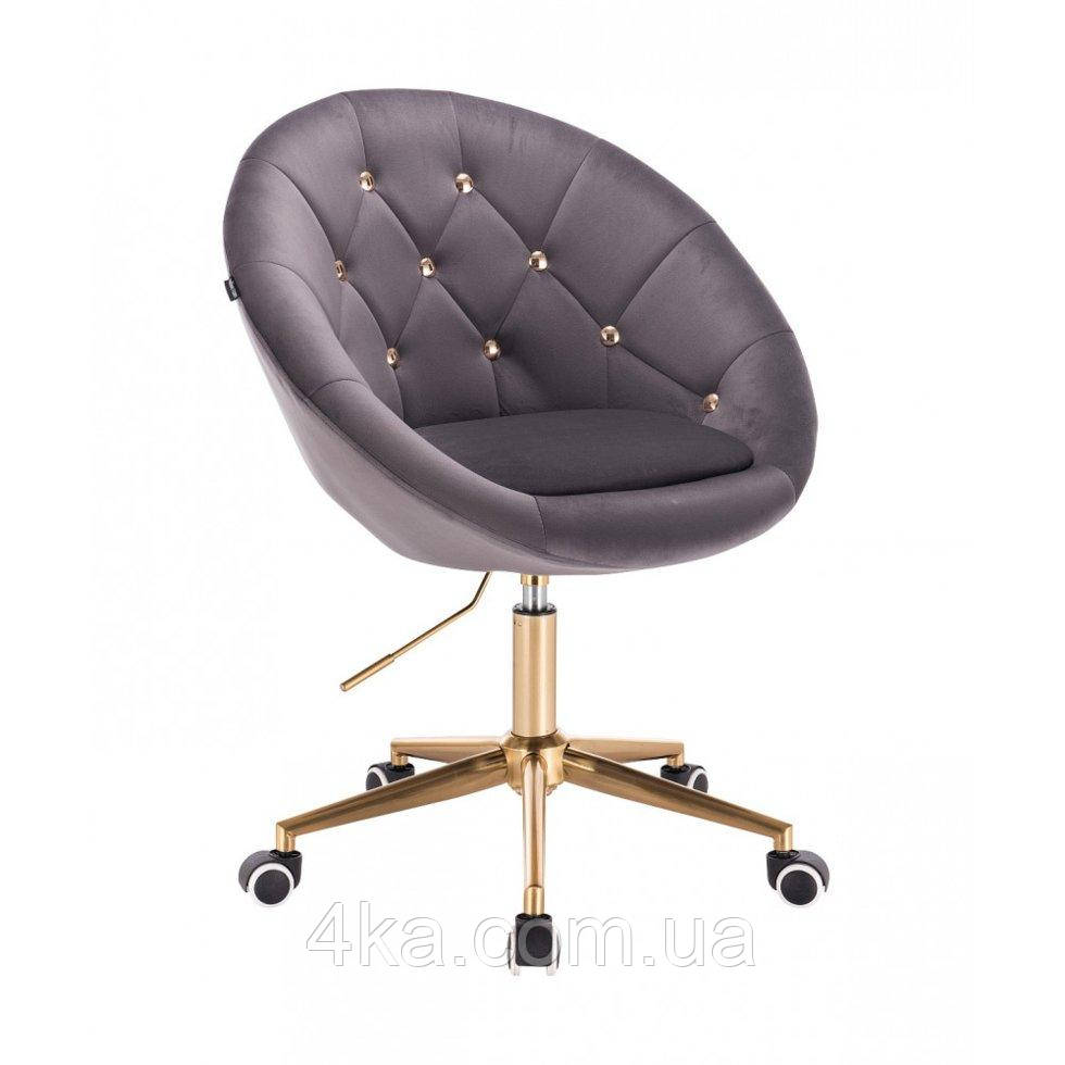 Перукарське крісло на пневматиці Hrove Form HR8516K графітовий велюр із золотими гудзиками основа золото