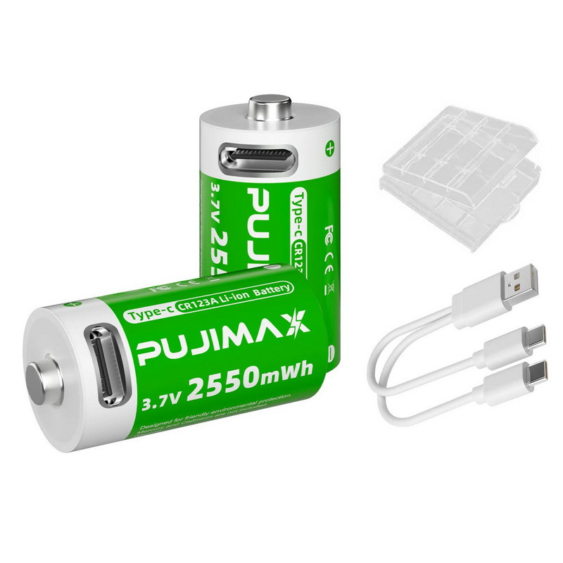 2 Акумулятори Pujimax CR123A 16340 з USB TYPE-C + кейс + кабель, Green