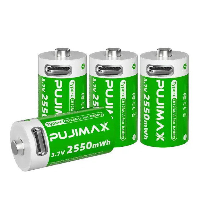 4 акумулятори 16340/CR123A Pujimax з USB TYPE-C + 2 кейси + 2 кабелі, Green