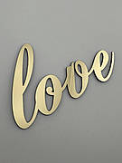 Топпер Love дзеркальний золотий на бік торта - напис акриловий для подарунка, з фігурною петлею у шрифті