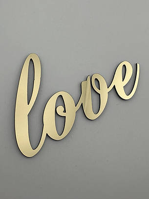 Топпер Love дзеркальний золотий на бік торта - напис акриловий для подарунка, з фігурною петлею у шрифті, фото 1