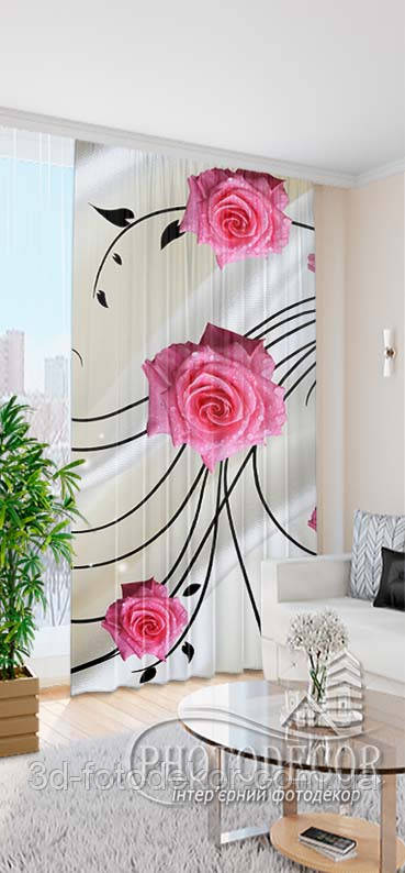 3D - Фото Штора Рожеві троянди на тканині, висота - 3,4м, ширина - 1,40м, тасьма