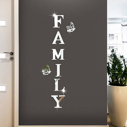 Дзеркальні акрилові наклейки букви FAMILY з метеликами 90 см, фото 1