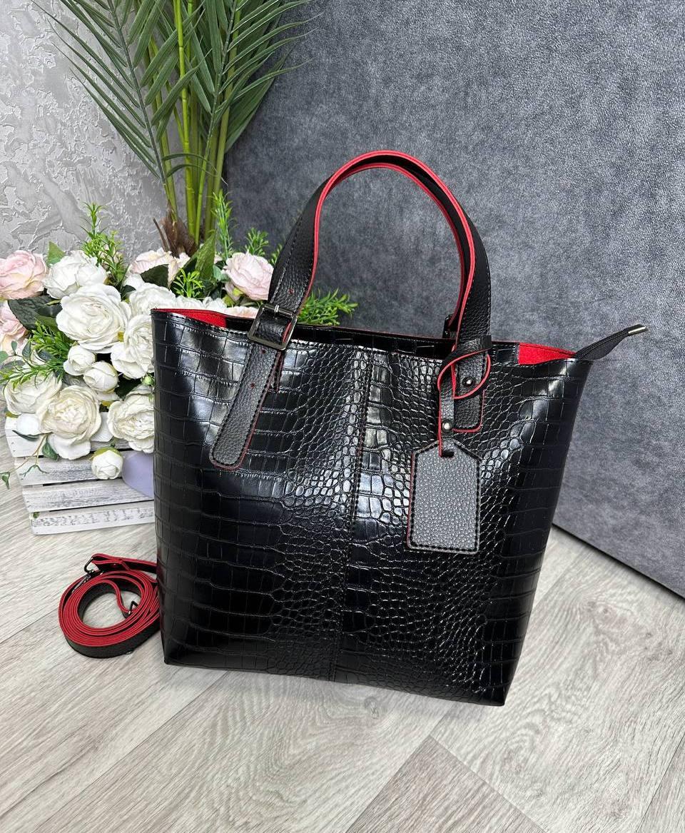 Велика жіноча сумка під рептилію шоппер міська на плече модна чорна з червоним екошкіра