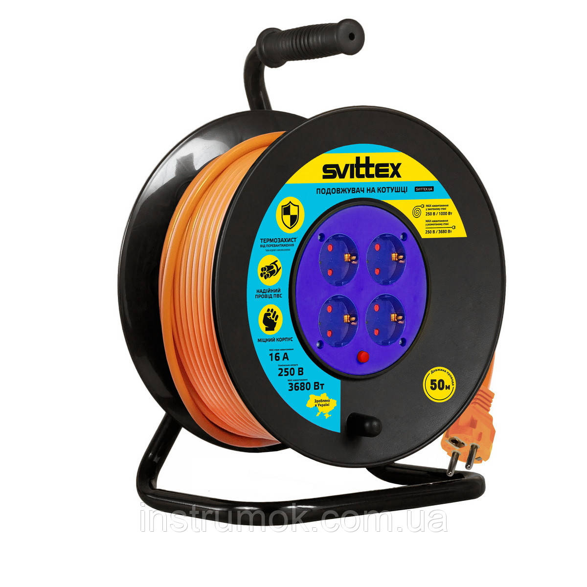 Подовжувач на котушці Svittex 50 м 3х1.5 із заземленням та термозахистом, фото 1