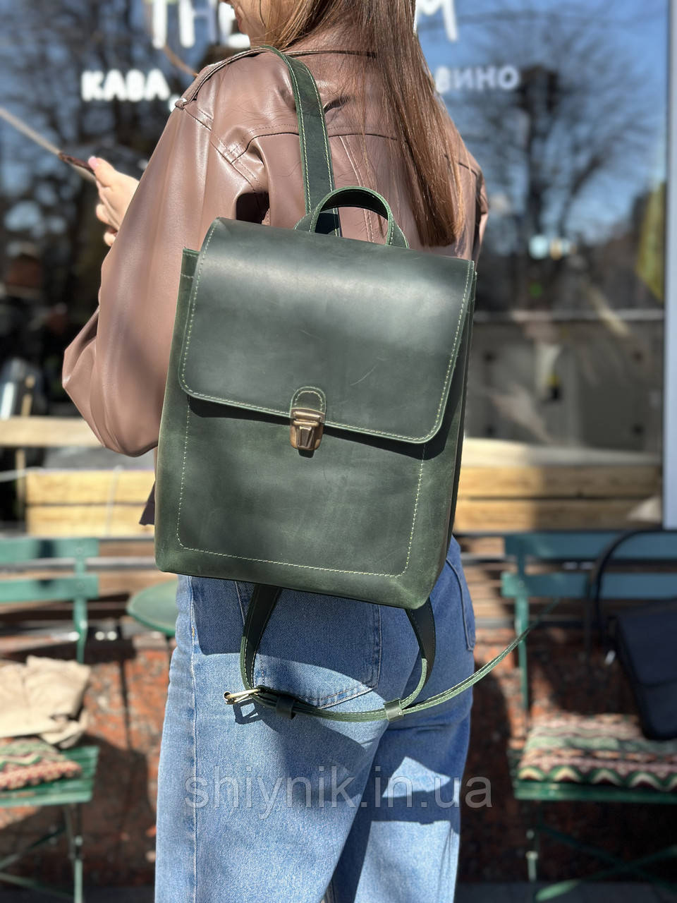 Шкіряний рюкзак зеленого кольору Marina, фото 1