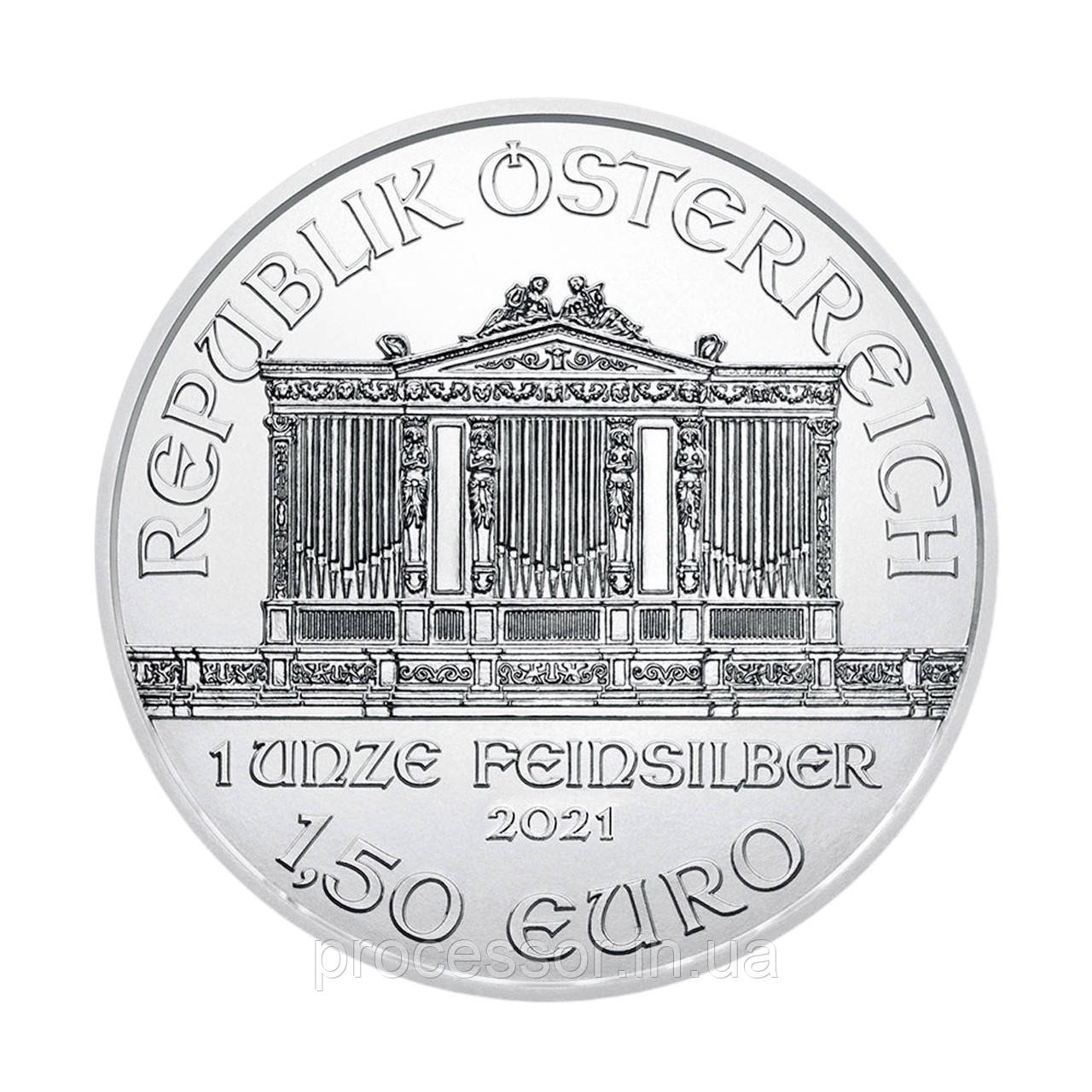 Срібна інвестиційна монета «Венська Філармонія» 1 унція (1 oz) 999 проби 1.5 Євро Австрія 2021 рік, фото 1