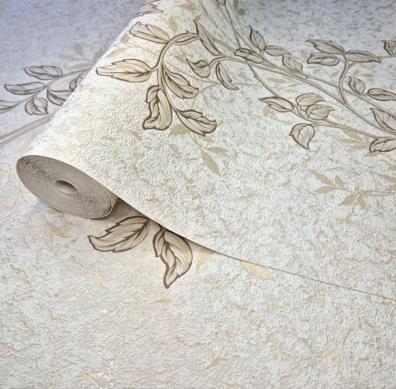Шпалери вінілові 10.05 × 1.06 м 3587-01, бежеві з коричневою гілкою для спальні, вітальні, коридору, прихожої, кімнати, фото 1