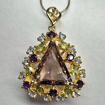 Срібний кулон з природними аметрином, аметистами, хризолітами і топазами, подарунок підвіс з природним камінями
