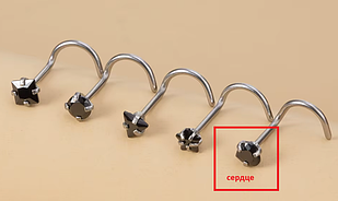 Пірсинг, сережок для носа, нострилу з чорним кристалом, форма твіст