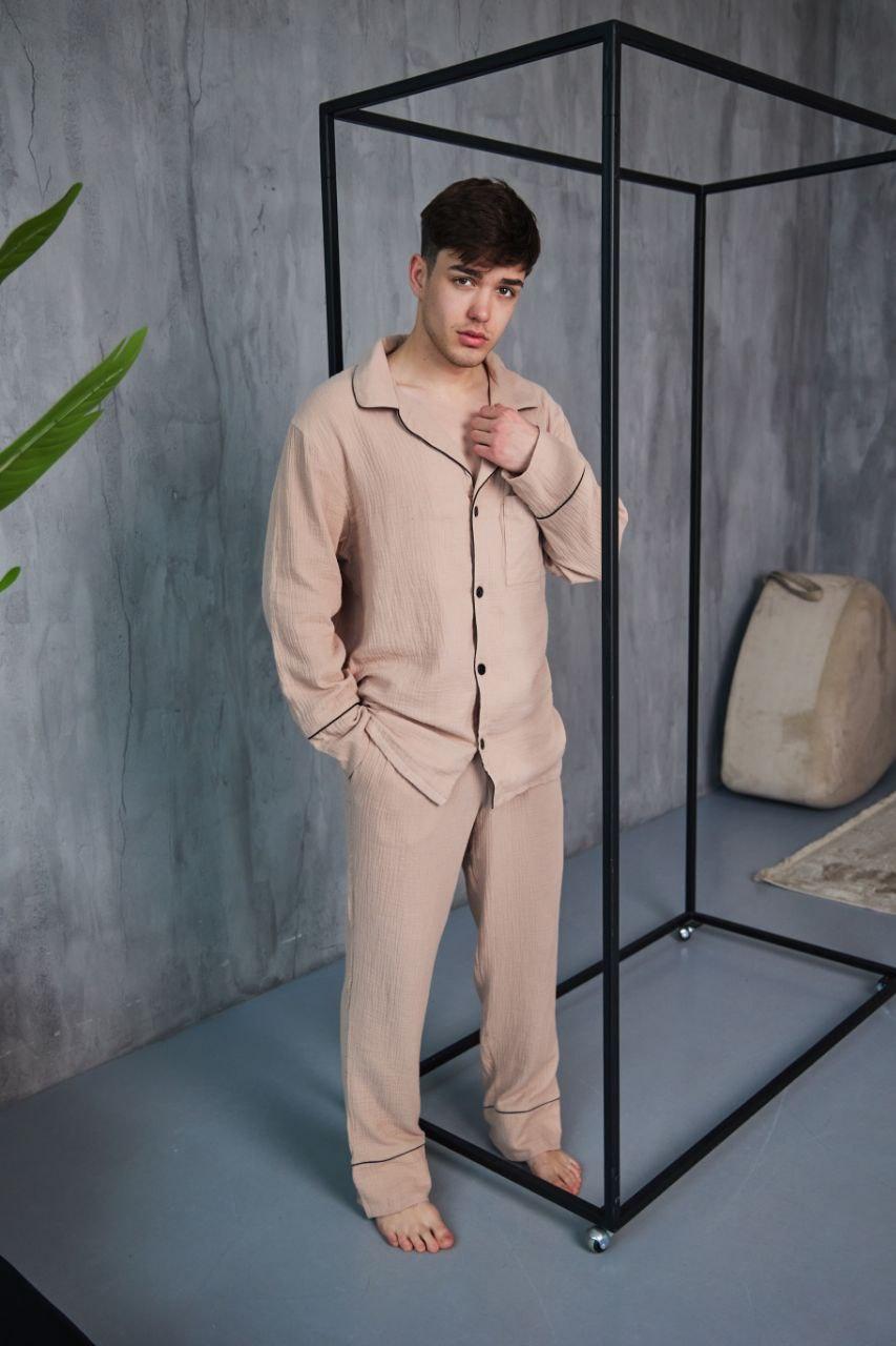 Домашній комплект Піжама чоловіча МУСЛІНОВА сорочка і штанці TOMIKO КАПУЧІНО 405, фото 1