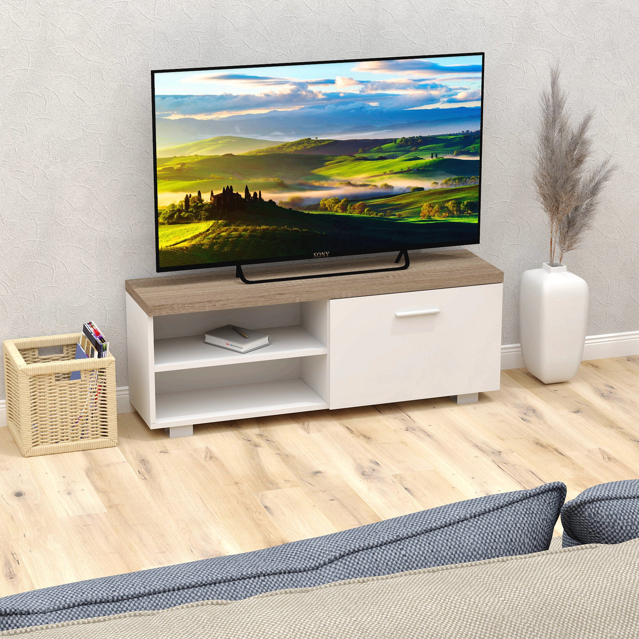 Сучасна низька вузька тв тумба під телевізор 110 см з полицями в спальню вітальню зал ЛДСП FLASHNIKA №3