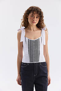 Орнаментований жіночий топ зі шнурівкою білий