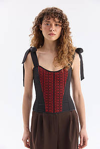 Орнаментований жіночий топ зі шнурівкою чорно-червоний