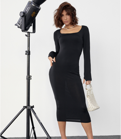 Силуетна літня жіноча сукня міді з довгим рукавом чорна відверта сукня турція M, Нове, фото 1