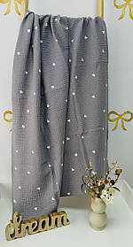 Велика двошарова муслінова пелюшка 100% бавовняна для малюків 100 х 135 см Lari Сірий з сердцями