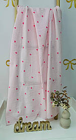 Велика двошарова муслінова пелюшка 100% бавовняна для малюків 100 х 135 см Lari Рожевий у сердця