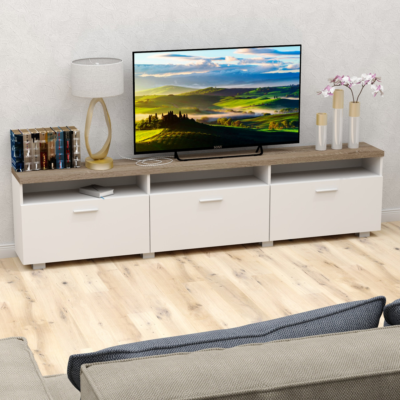 Стильна довга вузька тумба під телевізор тв 220 см з дверцятами і полицями в спальню вітальню зал FLASHNIKA №9