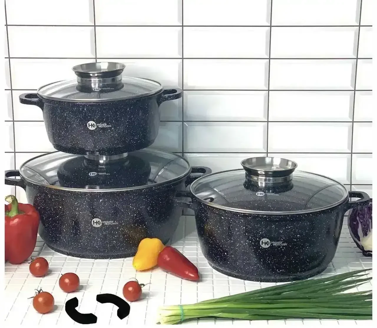 Набір каструль Higher Kitchen НК-301 із гранітним антипригарним покриттям 8 предметів