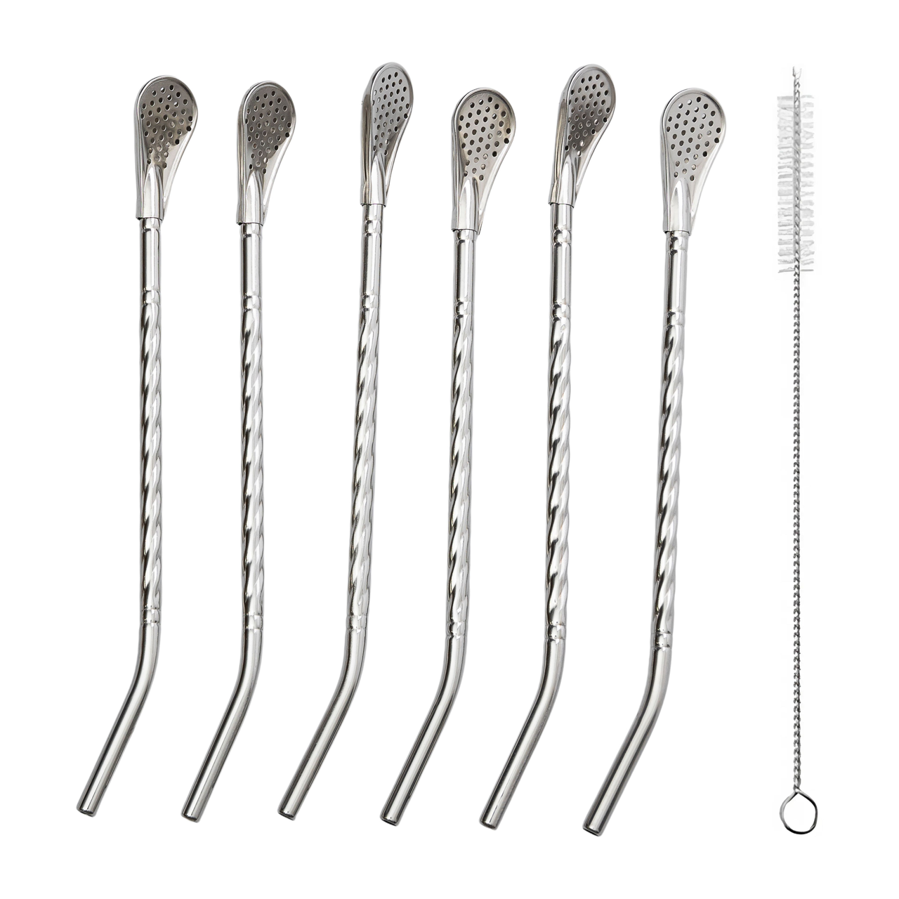 Набір багаторазових ложок-трубочок 6 предметів для напоїв 19.5 см зі щіткою для миття Сірий Lugi, фото 1