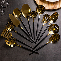 Набір кухонного приладдя 12 предметів столові прилади з нержавіючої сталі Золото з чорним Lugi