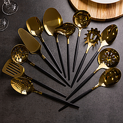 Набір кухонного приладдя 12 предметів столові прилади з нержавіючої сталі Золото з чорним Lugi