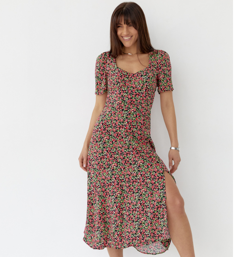 Літня жіноча сукня міді в квітковий принт чорна довга сукня турецька з коротким рукавом розмір S, фото 1