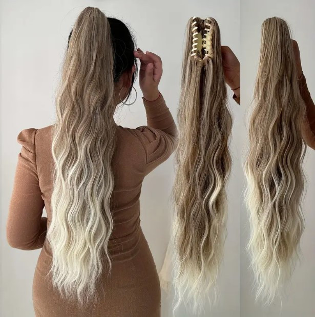 Хвіст-шиньйон хвилястий на крабі з утяжкою русий - омбре в блонд 67 см, фото 1