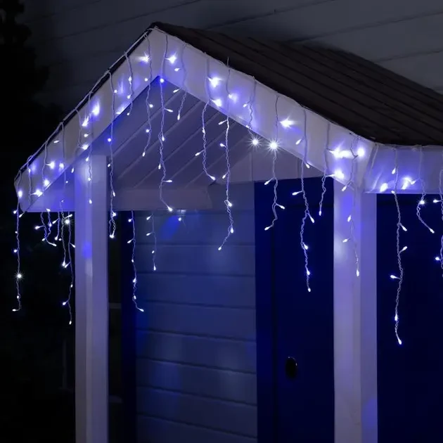 Синій Новорічна святкова гірлянда бахрома 120 Led прозорий провід 3х0.5 м, фото 1