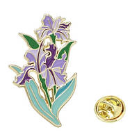 Брошка кліпса металева золотиста фіолетові квіточки покрита кольоровою емаллю розмір виробу 45х25 мм