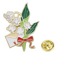 Брошка кліпса металева золотиста квіточка дзвіночки покрита кольоровою емаллю розмір виробу 45х35 мм