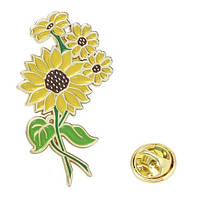 Брошка кліпса металева золотиста квіточка соняшники покрита кольоровою емаллю розмір виробу 40х30 мм